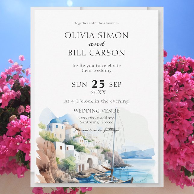 Watercolour Santorini, Greece destination wedding Invitation (Creator Uploaded)