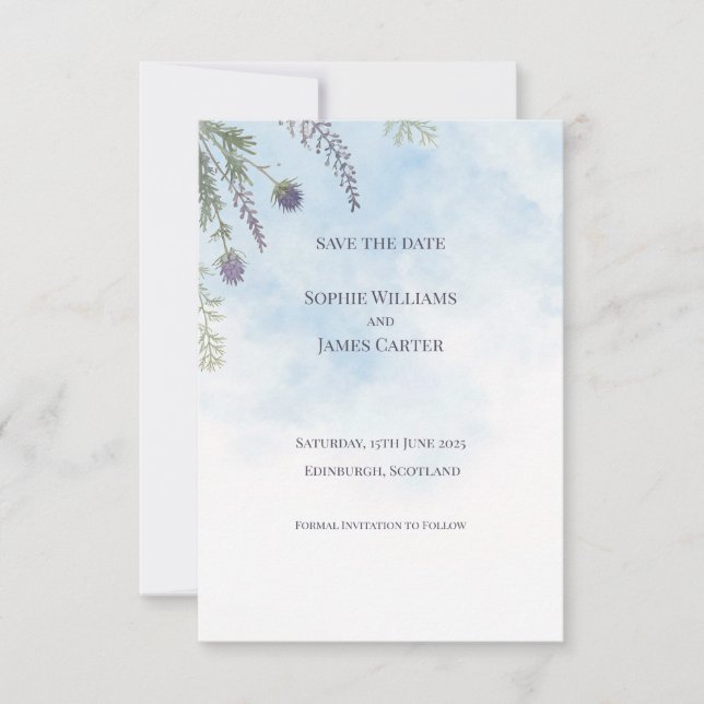 Watercolour Scottish Thistle Heather Wedding Save  The Date (Front)