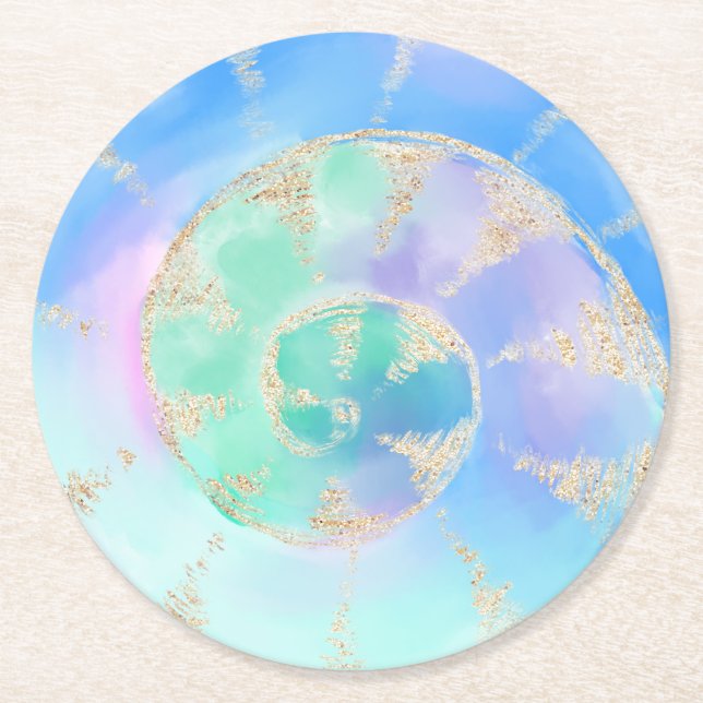 Watercolour seashell round paper coaster (Front)