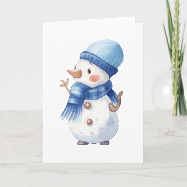 Watercolour Snowman with Blue Scarf & Hat Card (Front)