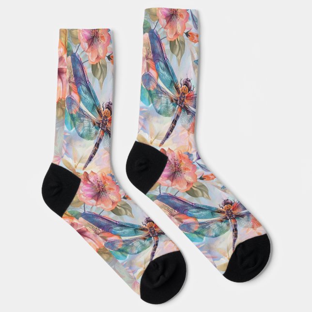 Watercolour socks with dragonflies and flowers (Right)