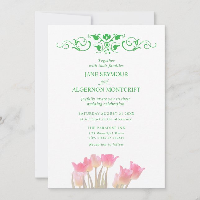 Watercolour style tulips wedding invitation (Front)