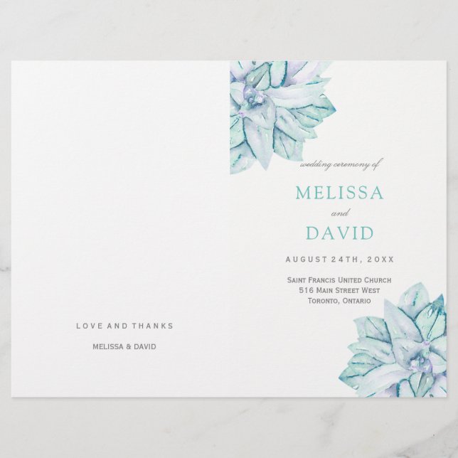Watercolour Succulents Wedding Programs (Front)