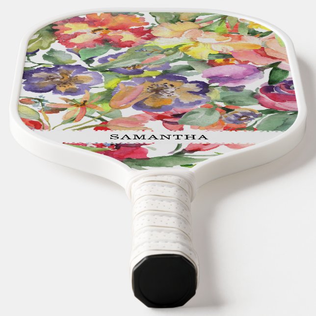 Watercolour summer floral party pickleball paddle (Laydown)