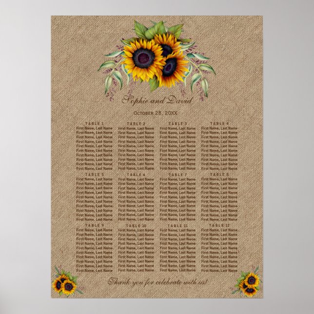 Watercolour Sunflowers Burla Wedding Seating Chart (Front)