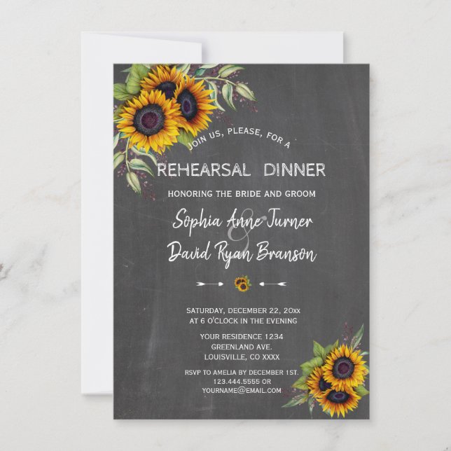 Watercolour Sunflowers Chalkboard Rehearsal Dinner Invitation (Front)