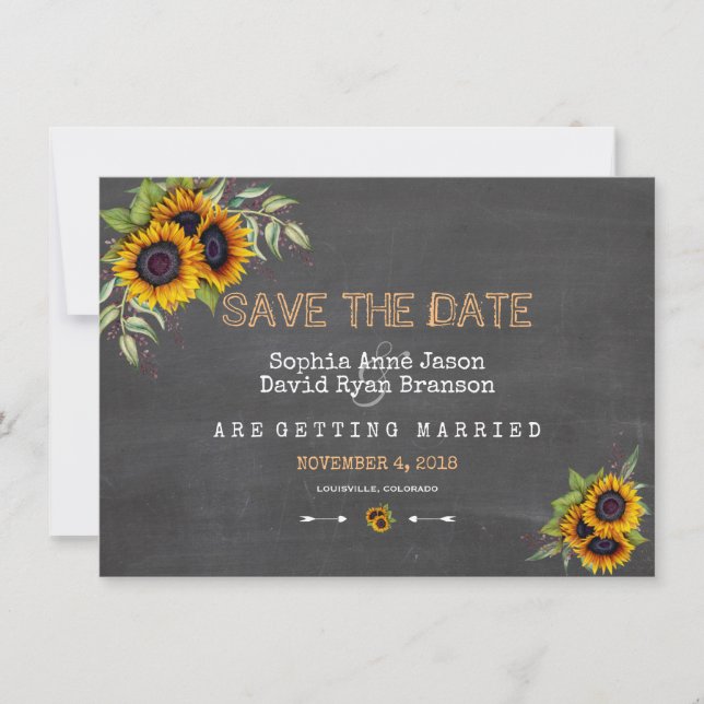 Watercolour Sunflowers Chalkboard Save The Date (Front)