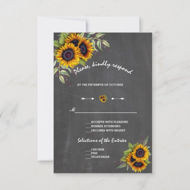 Watercolour Sunflowers Chalkboard Wedding RSVP Card (Front)