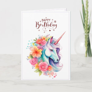 Watercolour Unicorn Floral Happy Birthday Card