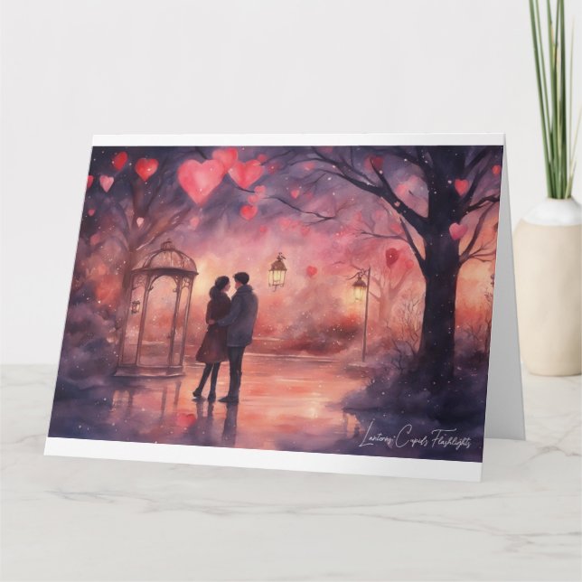 Watercolour Valentines Day Card street lamps rain (Front)
