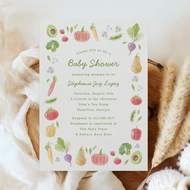 Watercolour Veggies Farmer's Market Baby Shower Invitation (locally grown baby shower invitation with farmer's market theme - watercolour vegetables)