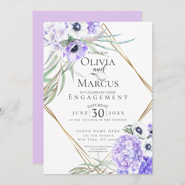 Watercolour Violet Anemone Floral  Geometric Frame Invitation (Front/Back)