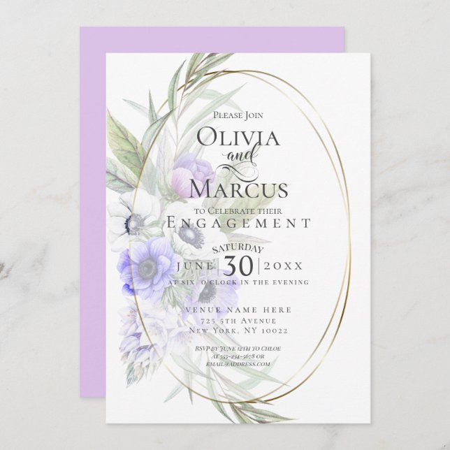Watercolour Violet Anemone Floral  Oval Frame Invitation (Front/Back)