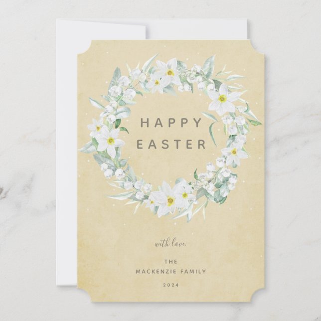 Watercolour White Floral Wreath Happy Easter Flat Holiday Card (Front)