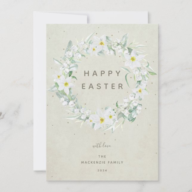 Watercolour White Floral Wreath Happy Easter Flat Holiday Card (Front)