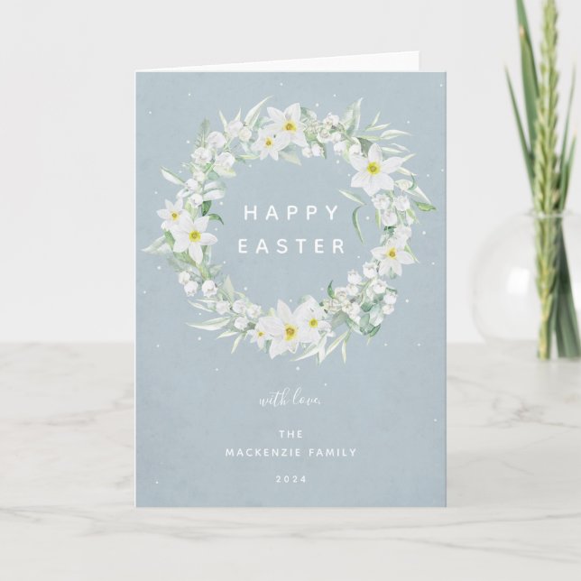 Watercolour White Floral Wreath Happy Easter Holiday Card (Front)