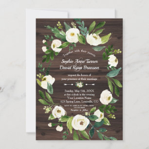 Watercolour White Floral Wreath Wood Wedding Invitation