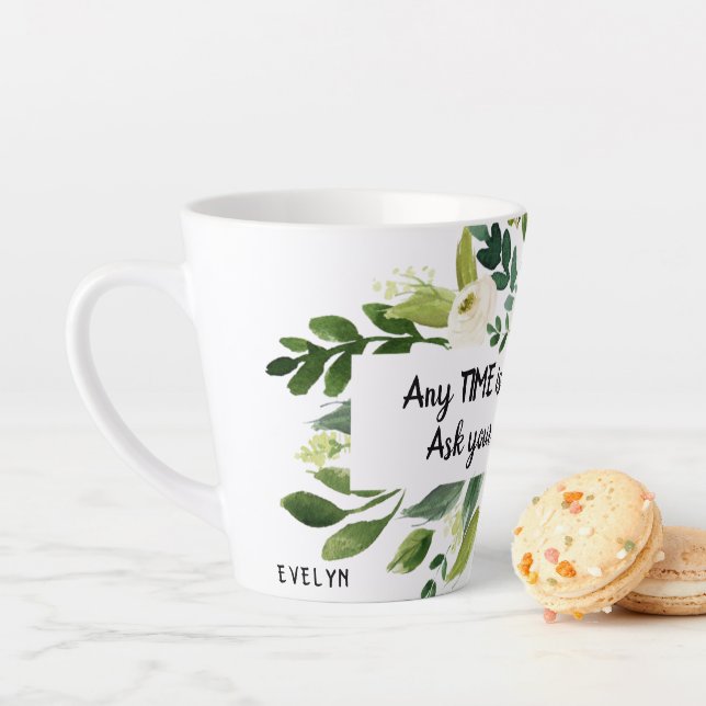 Watercolour White flowers Coffee Quote Monogram Latte Mug (In Situ)