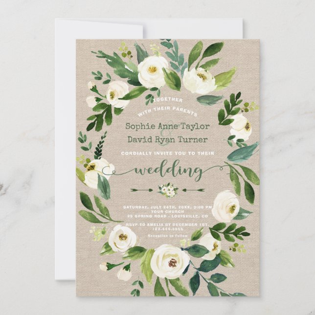 Watercolour White Flowers Linen Canvas Wedding Invitation (Front)