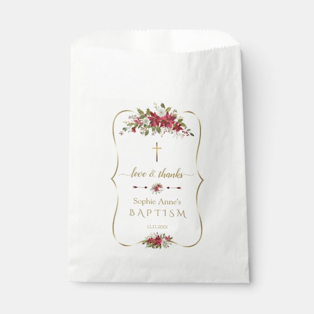 Watercolour White Red Poinsettia Gold Baptism Favour Bags (Front)
