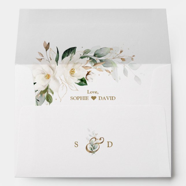 Watercolour WhiteMagnolia Wedding Return Address  Envelope (Back (Bottom))