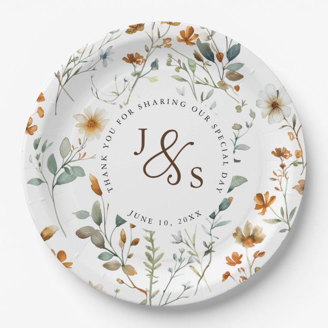  Watercolour wild flower Boho style engagement Paper Plate (Front)