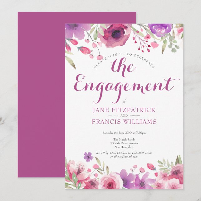 Watercolour Wild Rose Floral Engagement Party Invitation (Front/Back)