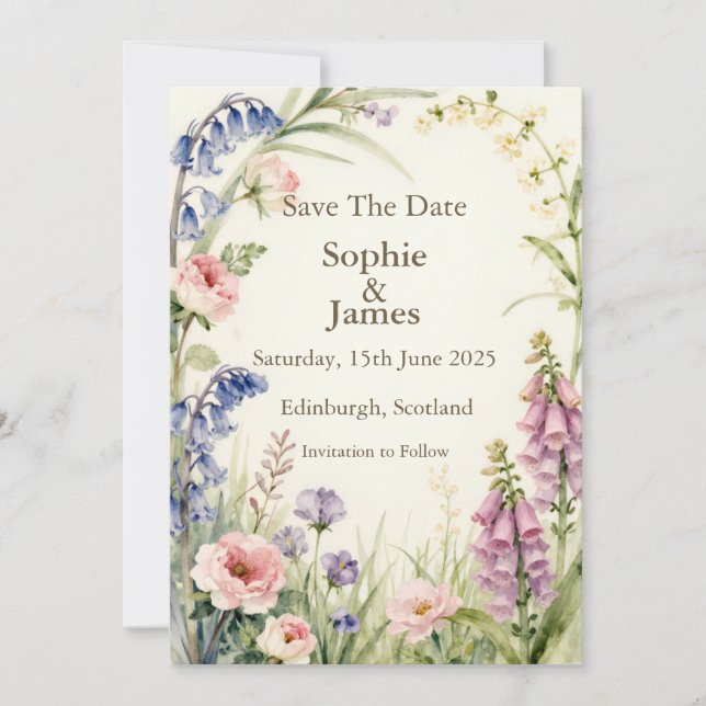 Watercolour Wildflower Botanical Save the Date Car (Front)