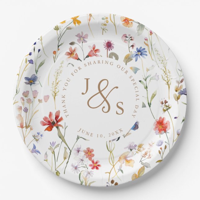  Watercolour wildflower elegant wedding Paper Plate (Front)