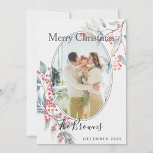 Watercolour Winter Berries Photo Christmas Card