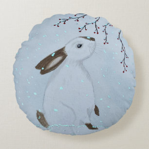 Watercolour Winter Bunny Rabbit Round Cushion