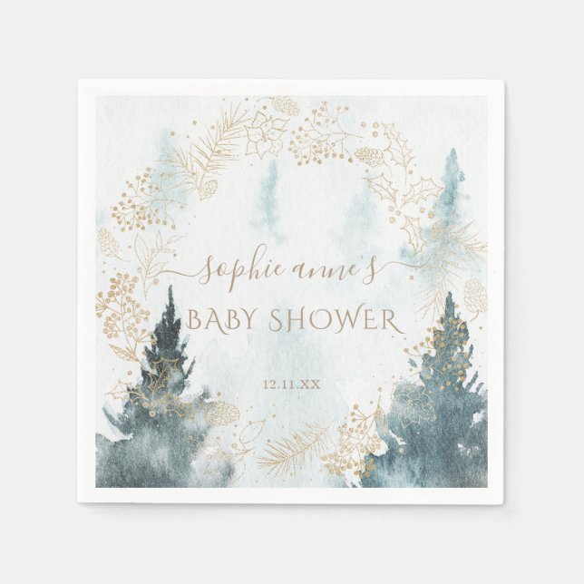 Watercolour Winter Scenery Gold Baby Shower Napkin (Front)