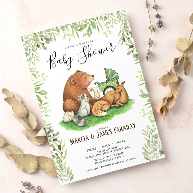 Watercolour woodland forest couples baby shower invitation (Creator Uploaded)