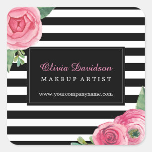 Watercoour Pink Roses and Black Stripes Stickers