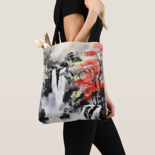 Waterfall and Maple Tree Ink Painting Tote Bag
