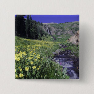 Waterfall and wildflowers in alpine meadow, 2 15 cm square badge