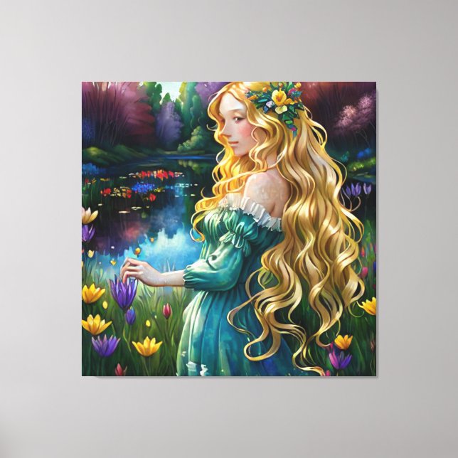 *~  Waterfall AP56 Art Blonde Woman Pond Flowers  Canvas Print (Front)