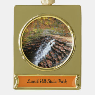 Waterfall at Laurel Hill State Park II Gold Plated Banner Ornament