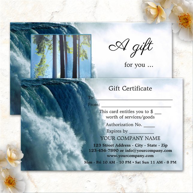Waterfall Beauty Spa Photo Gift Certificate Card (Gift certificate business card featuring your photo framed by a waterfall - spa - massage therapist)