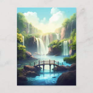 Waterfall Bridge Fantasy Enchanted Landscape Postcard