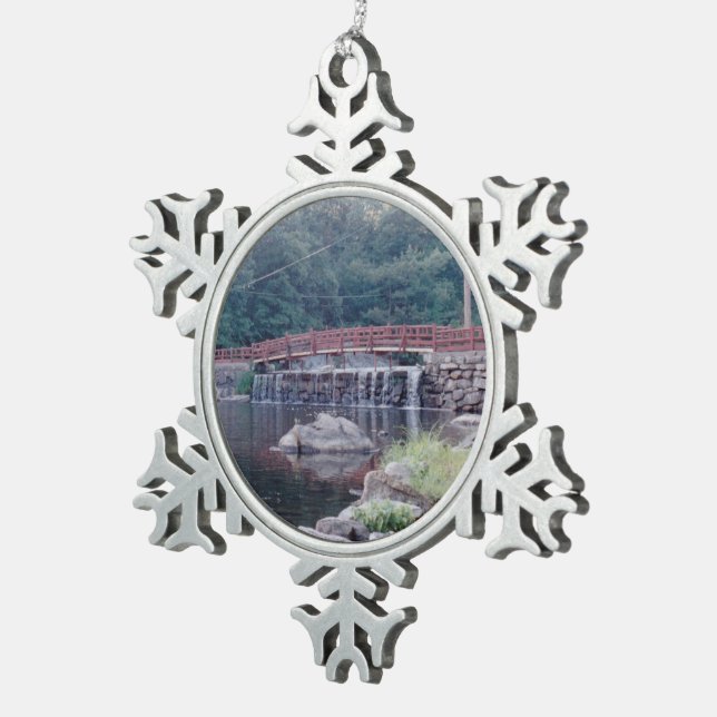 Waterfall Bridge Snowflake Pewter Christmas Ornament (Right)