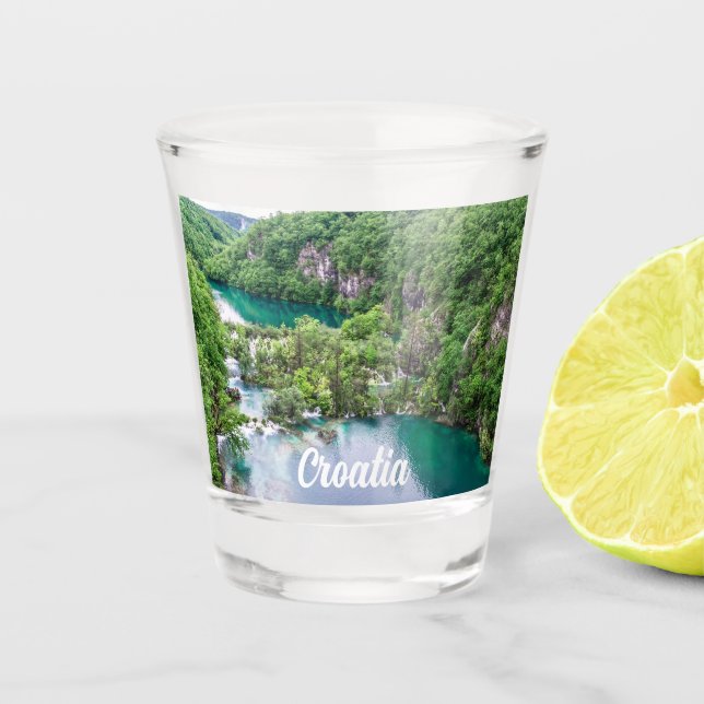 Waterfall cascade in Plitvice Lakes Park, Croatia Shot Glass (Front)