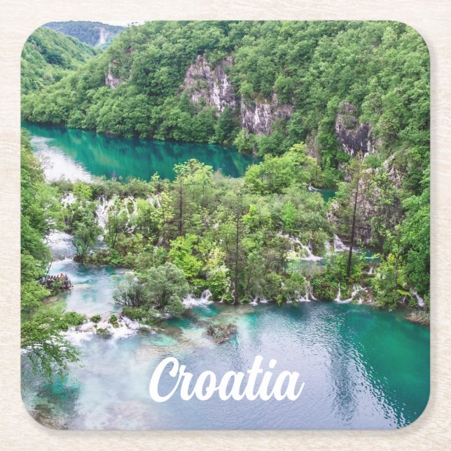 Waterfall cascade in Plitvice Lakes Park, Croatia Square Paper Coaster (Front)