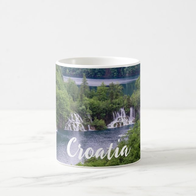 Waterfall cascade with green forest in Croatia Coffee Mug (Center)