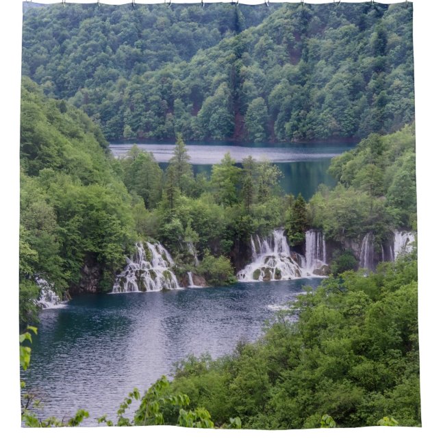 Waterfall cascade with green forest in Croatia Shower Curtain (Front)
