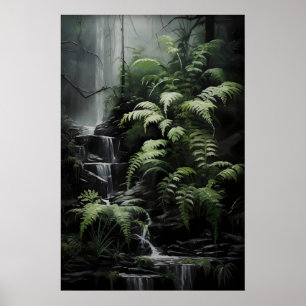 Waterfall Fern Forest Print, Dark Academia Gothic Poster