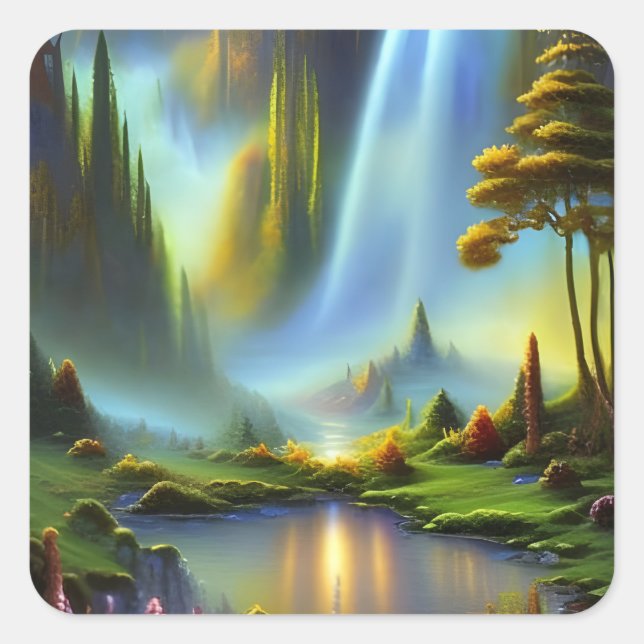 Waterfall Glade Nature Fantasy  Square Sticker (Front)