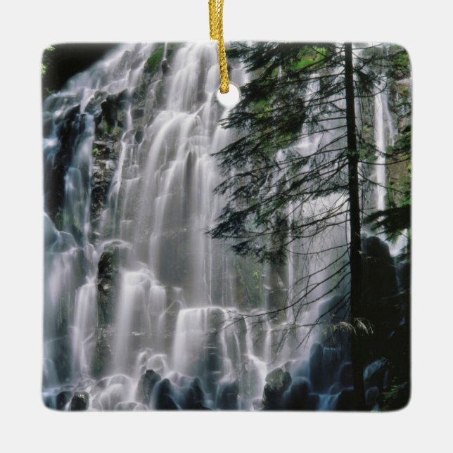 Waterfall in forest, Oregon Ceramic Tree Decoration (Front)