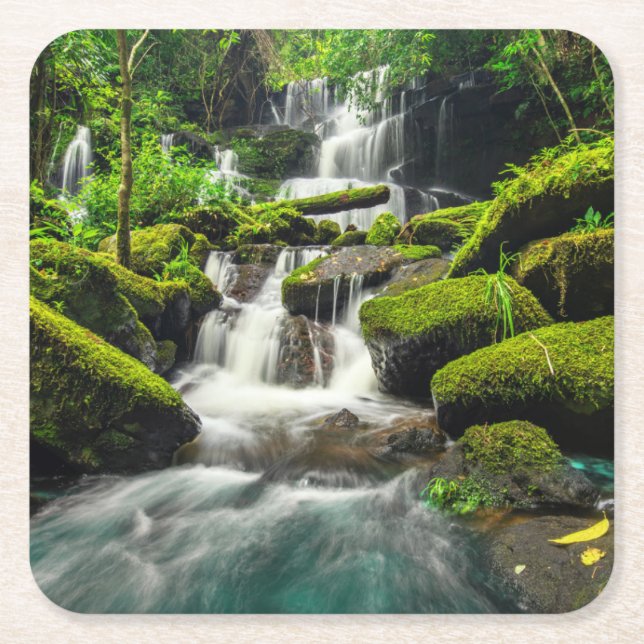 Waterfall in Jungle | Phu Tub Berk Mountain Square Paper Coaster (Front)