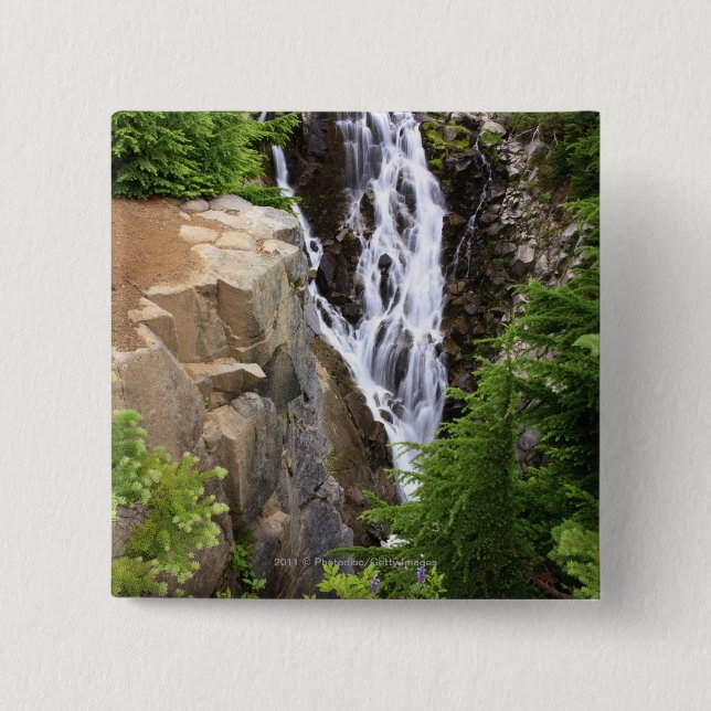 Waterfall in Mount Rainier National Park 15 Cm Square Badge (Front)
